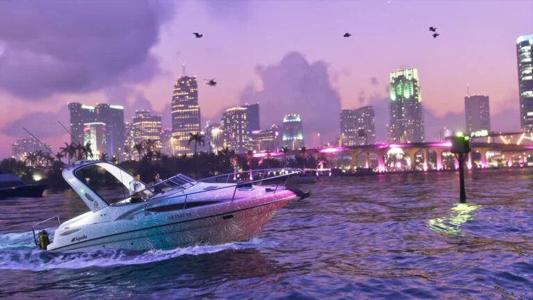 A boat crossing Vice City’s waterfront at night