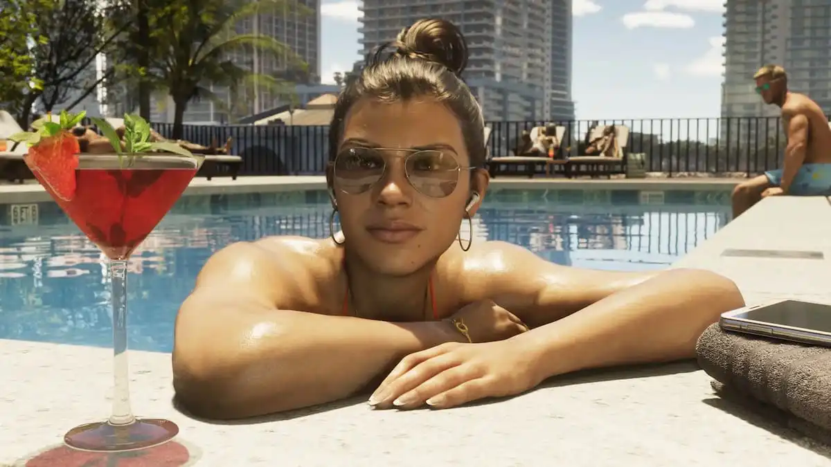 Lucia relaxing beside a Vice City pool