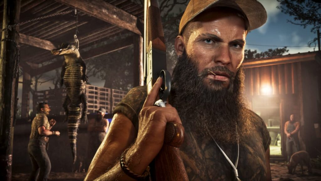 A hunter holding a long gun in a rural setting