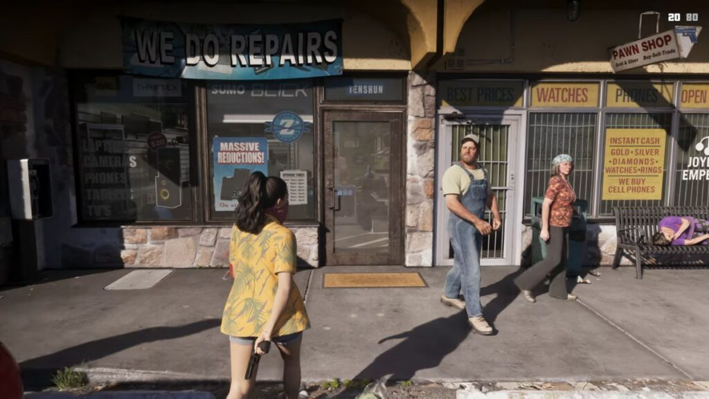 A Vice City storefront scene with an armed civilian nearby